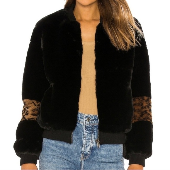 Apparis Jem Faux Fur Leopard Zip Bomber Jacket Black Brown Casual Winter Fall - Picture 1 of 5